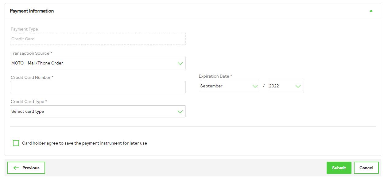 Payment information form screenshot